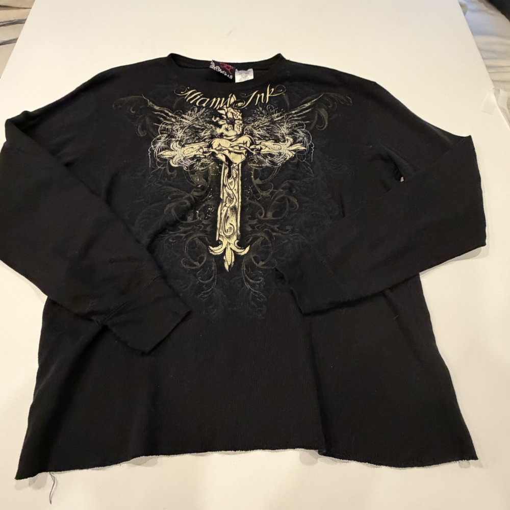 Miami Ink Y2K Tattoo Cross Wings Long Sleeve Shirt XL Gothic Biker Grunge